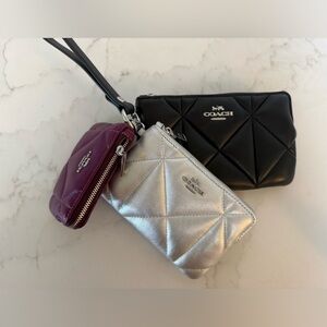 NWT Coach Corner Zip Trio Set.  Black, Silver, and Purple Quilted Wristlet Set